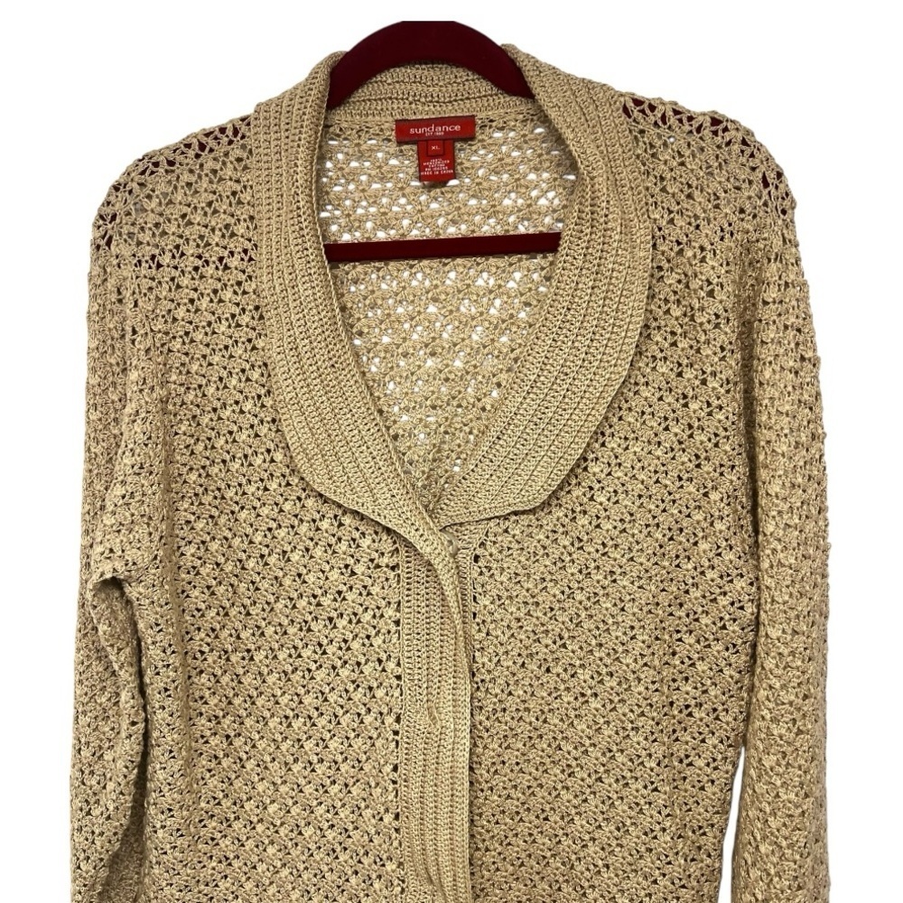 Sundance Tan Crochet Bohemian Snap Front Demure Cardigan Sweater Women’s XL - Picture 2 of 7